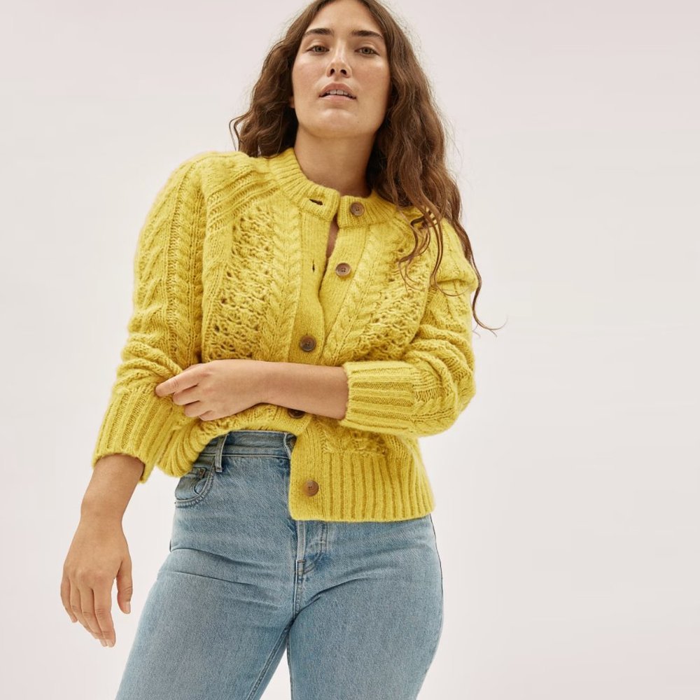 Everlane Alpaca Cloud Cable Cardigan XS Dried Palm (Yellow)